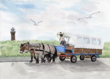 Postkarte DIN-A5 Aquarell Maritim Kunst Druck Kunstdruck Nordsee Juist Leuchtturm Insel mit Pferdekutsche